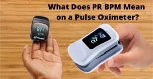 Pulse oximeter displaying SpO2 and PR BPM readings on a fingertip