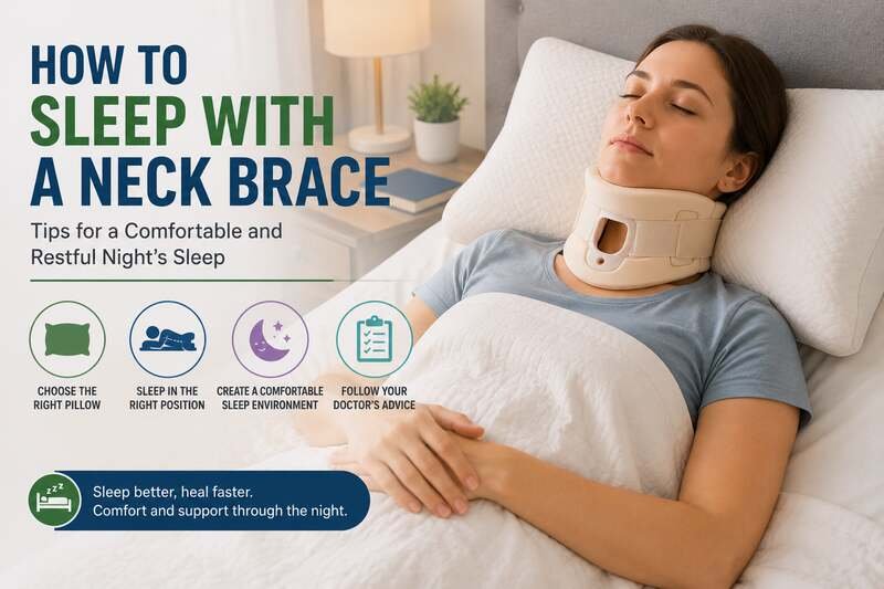How to sleep with a neck brace: a person adjusting a cervical collar before bed