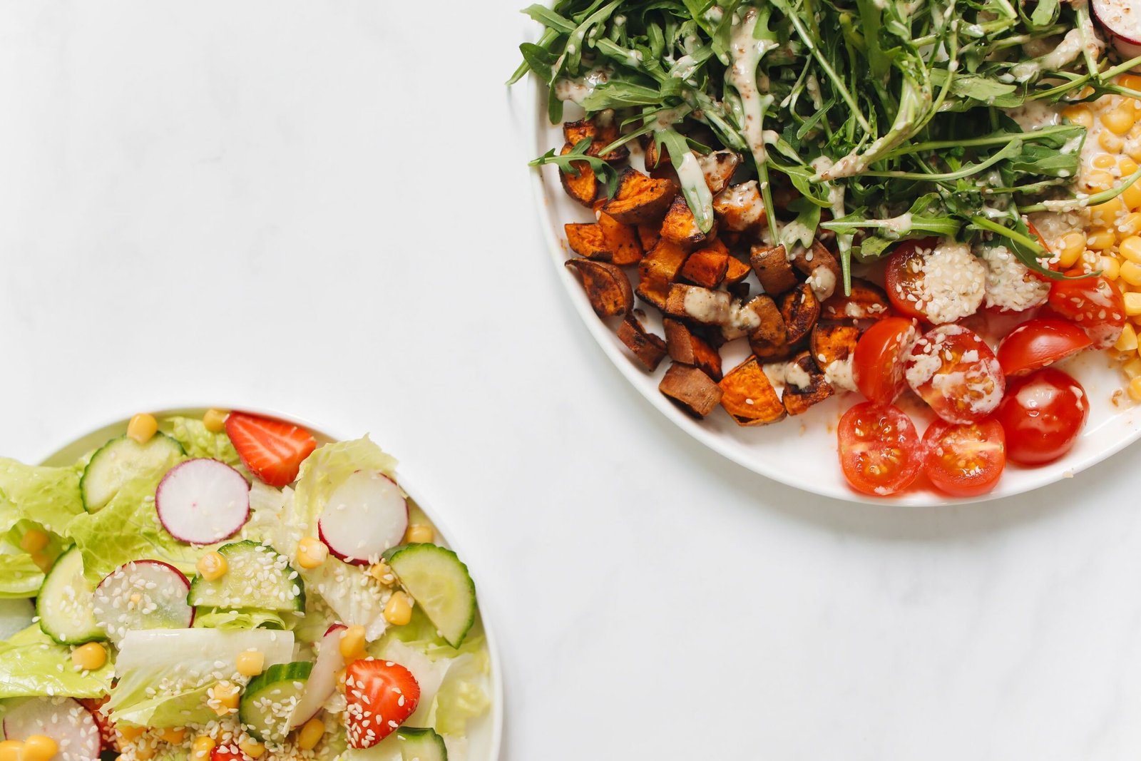 Plates of balanced, healthy food with vegetables and lean protein for weight management