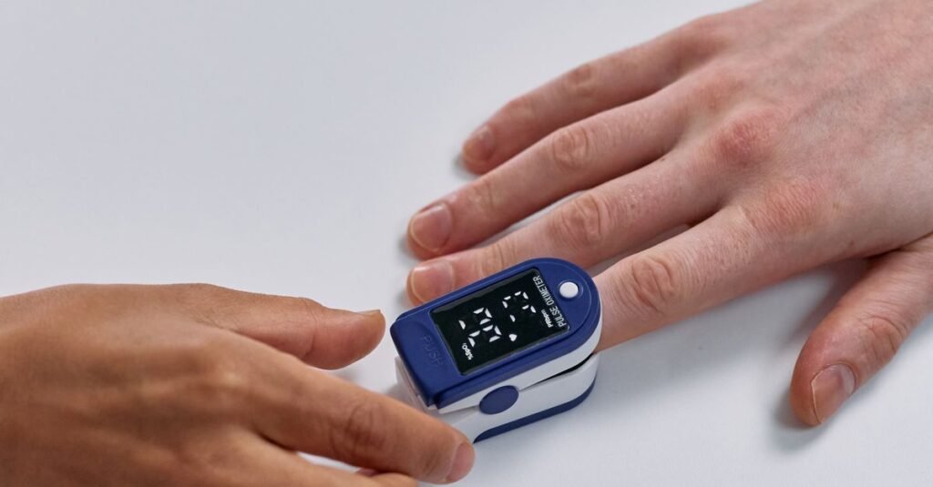 close up of a pulse oximeter clipped on an index finger for an accurate spo2 reading