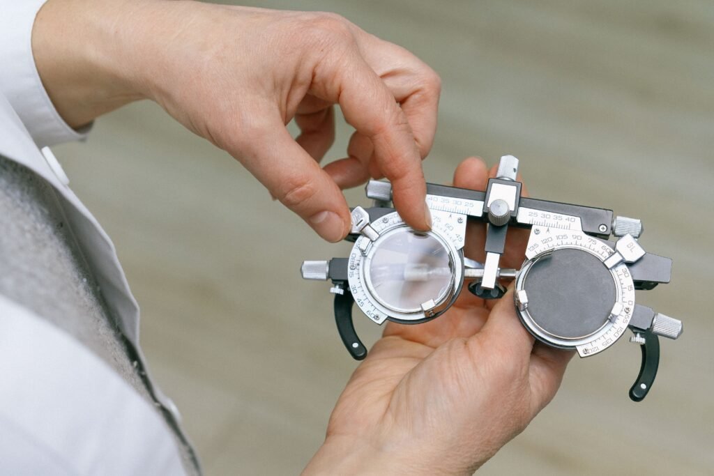 Eye care specialist performing a regular eye exam relevant to managing nystagmus